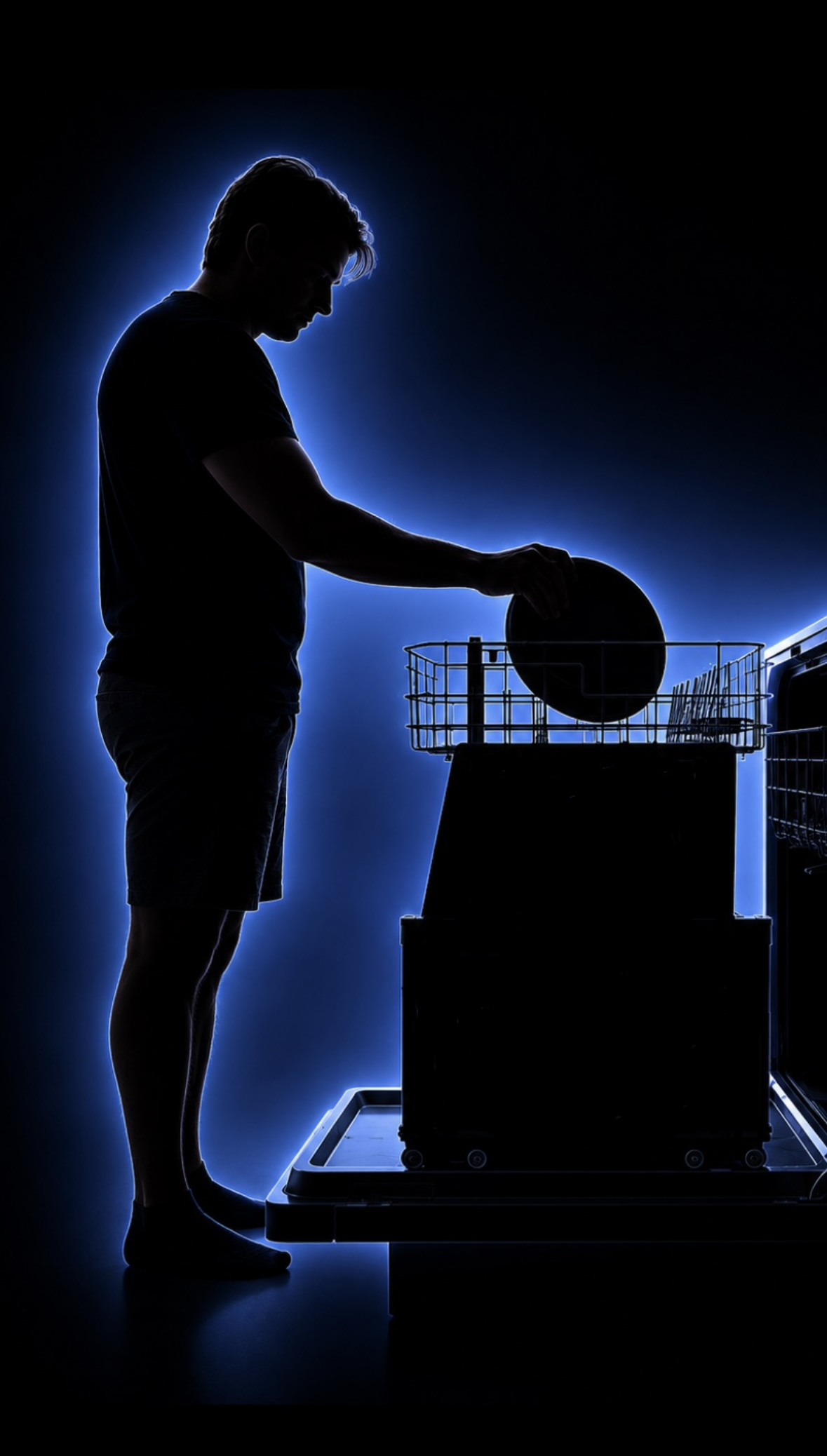 Person placing a dish into a raised dishwasher rack